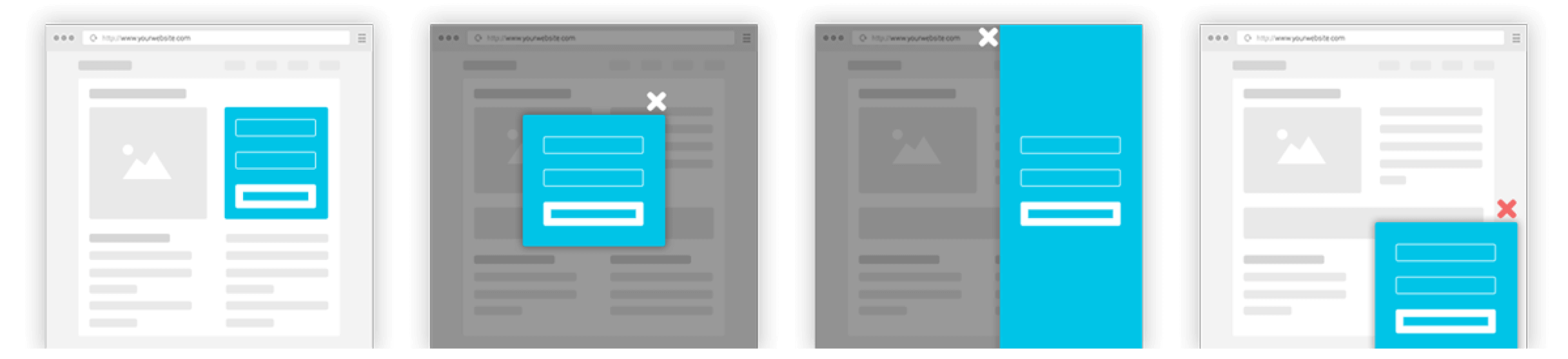 Page mock-ups with different options for presenting opt-in forms.