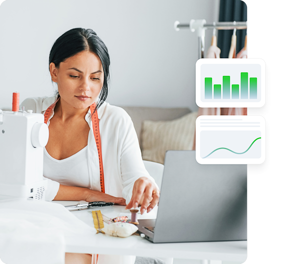 Person with sewing machine working on laptop