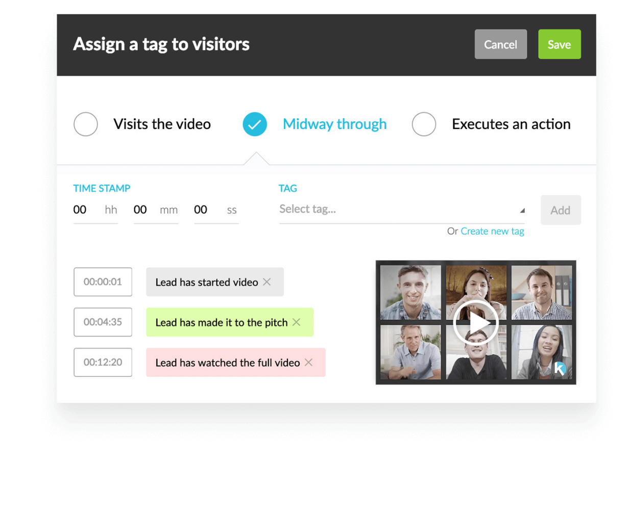 Kartra interface with options to add tags to users based on how much of a video they watched