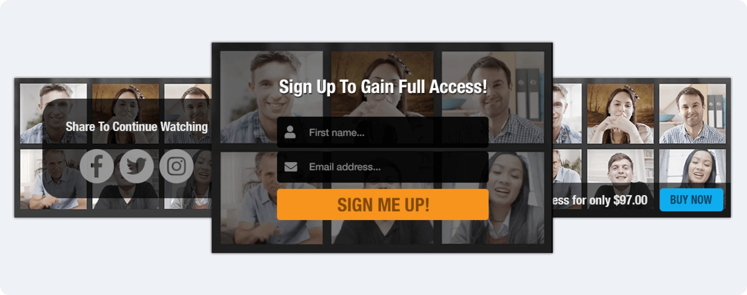 Video player mockups with different call to actions showing on the video