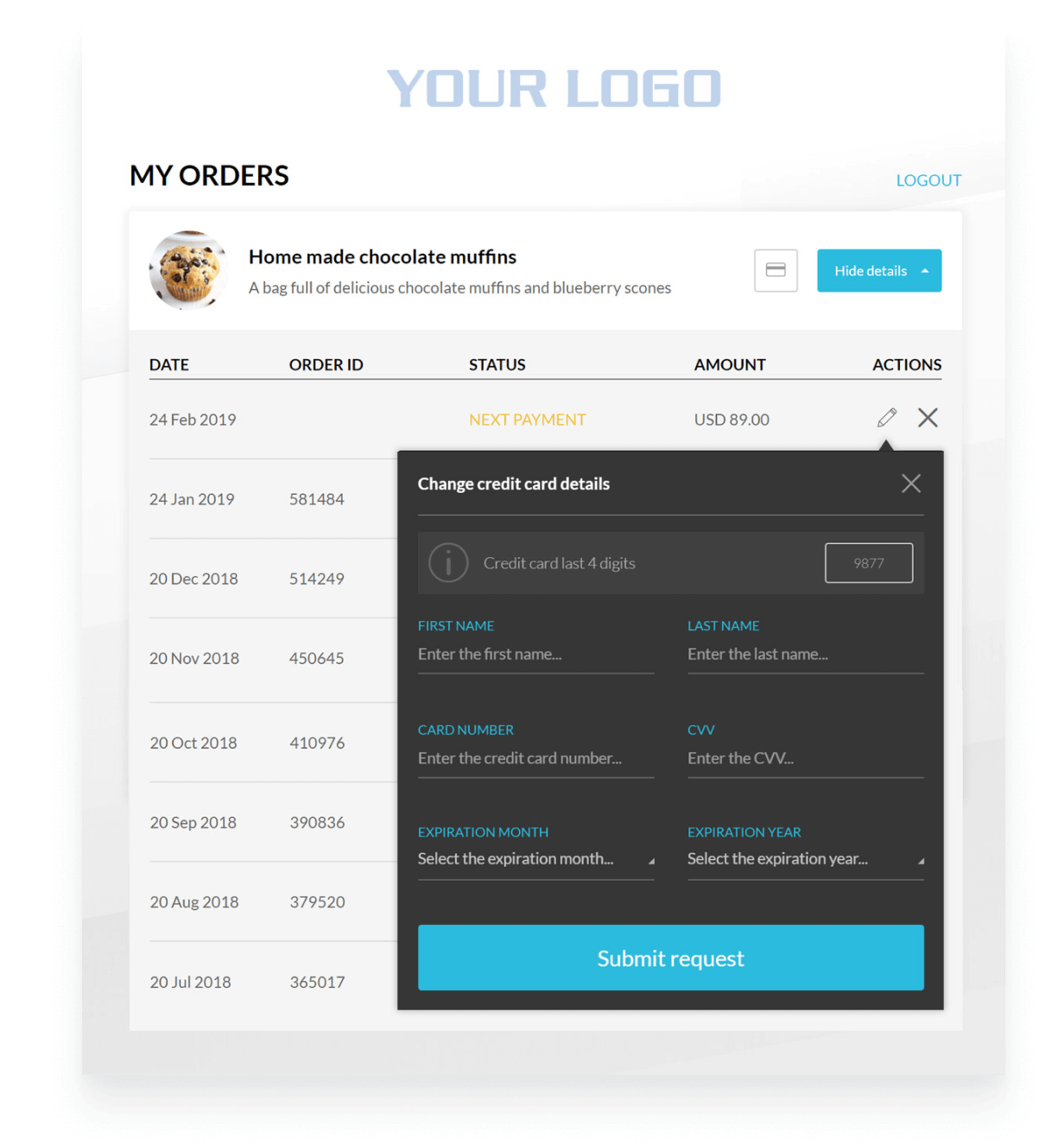 Transaction list with options to download invoices and update billing information