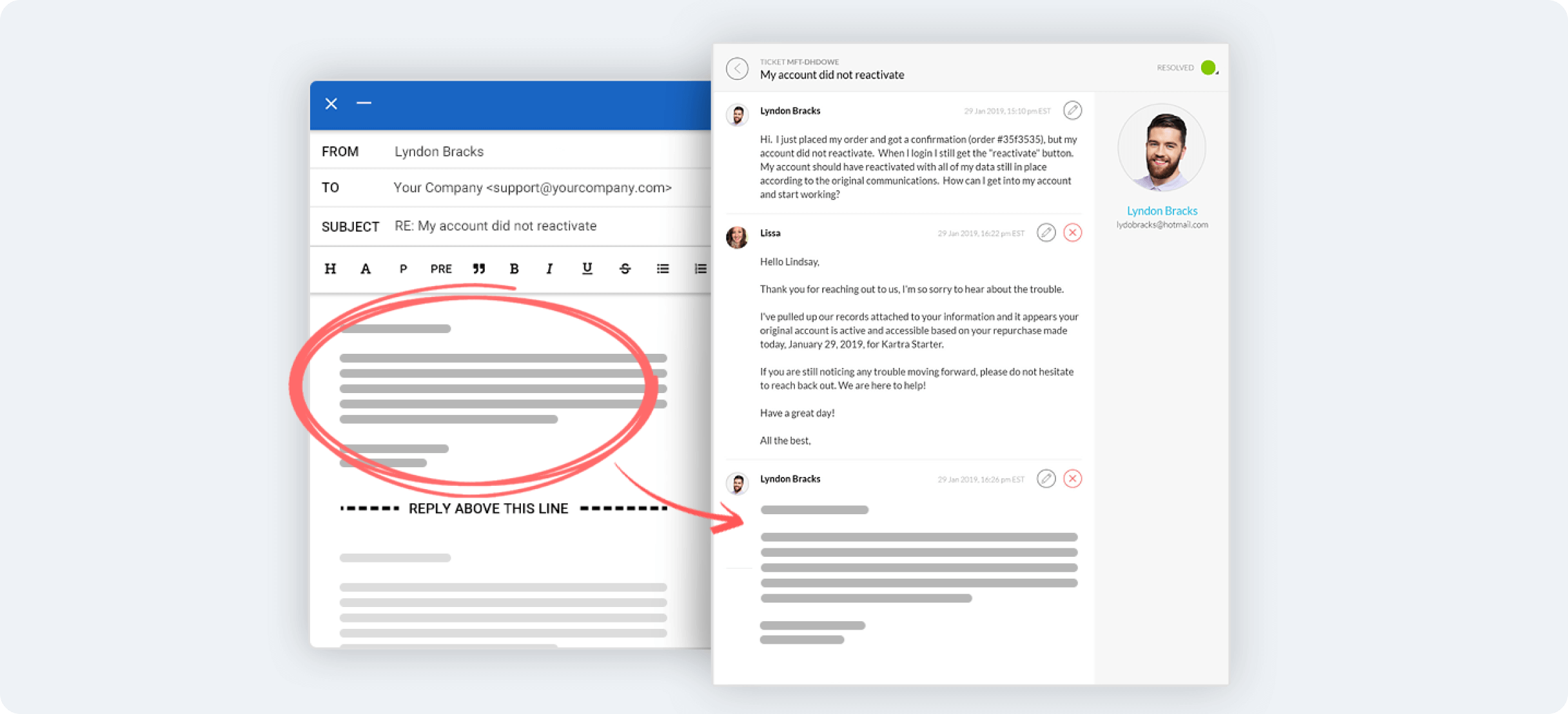 Email sending response to support ticket